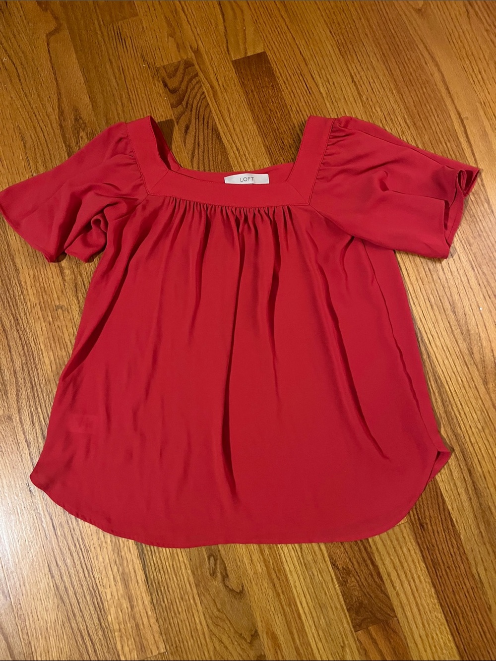 LOFT Coral-Red Square Neck Flutter Sleeve Top